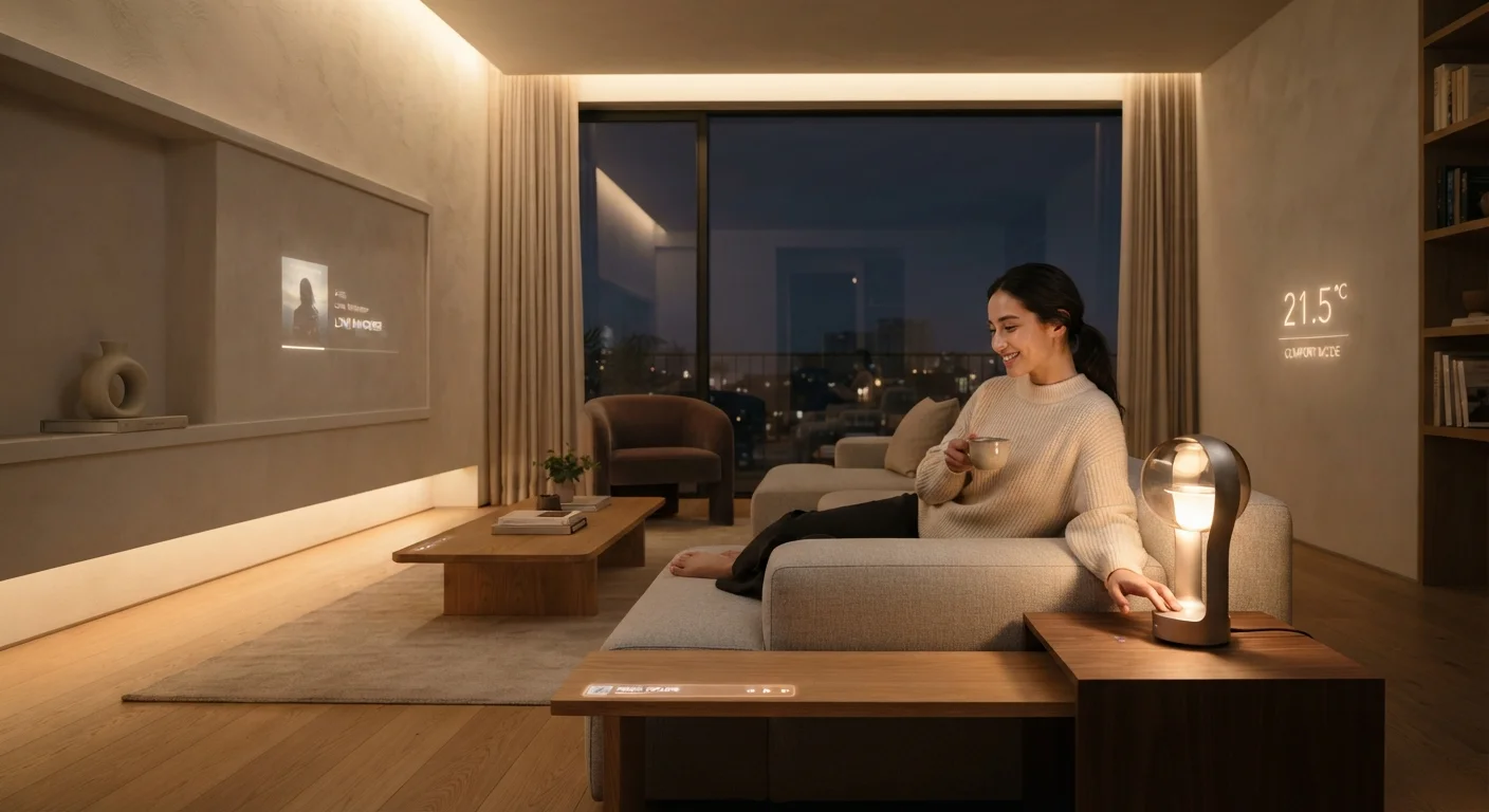 A modern living room with technology seamlessly integrated into everyday objects and surfaces.