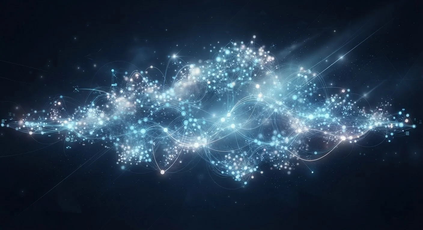 Abstract illustration of interconnected cloud server nodes glowing in blue and white tones