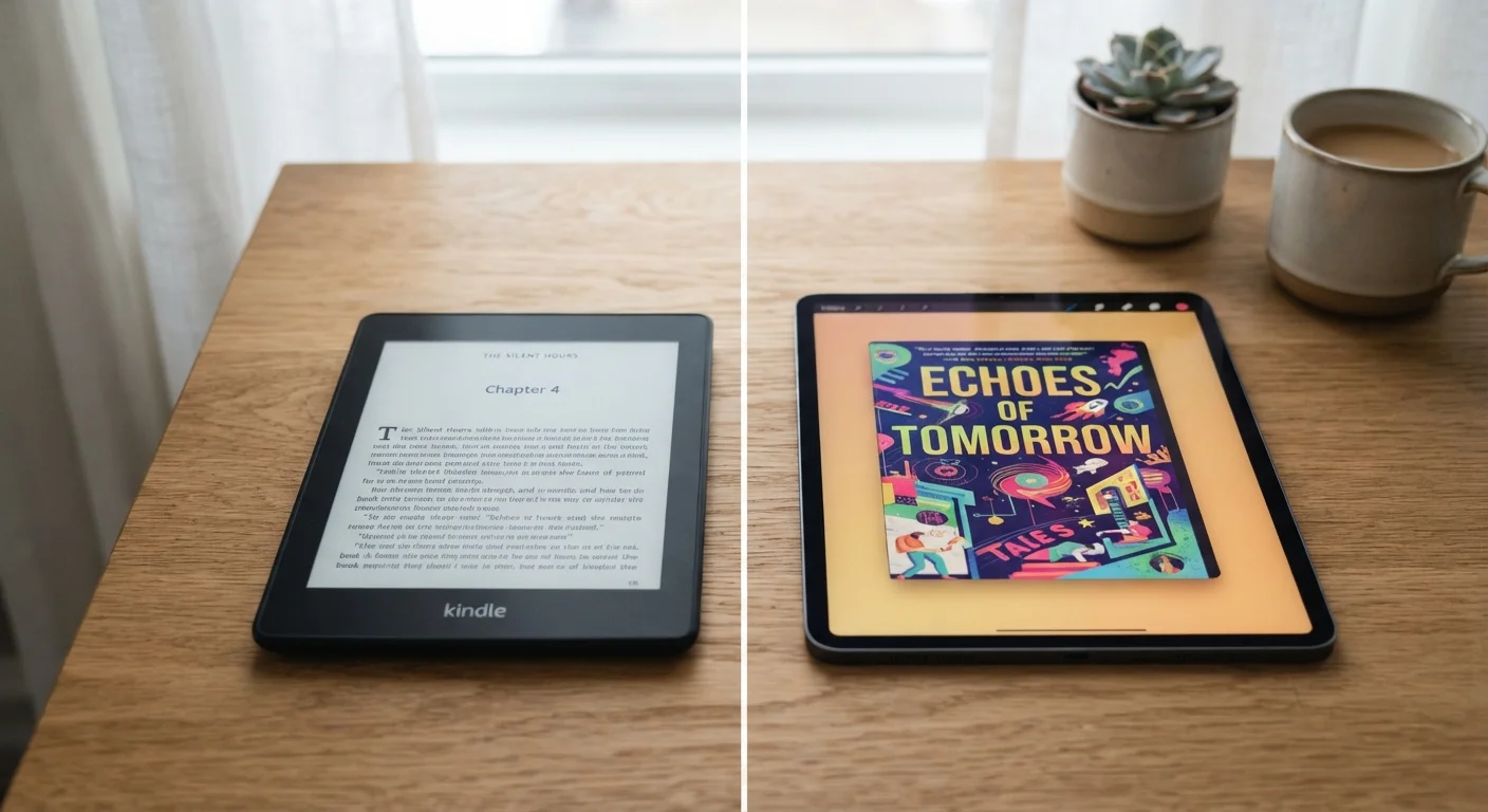 An e-ink reading device and an LCD tablet displayed side by side on a desk