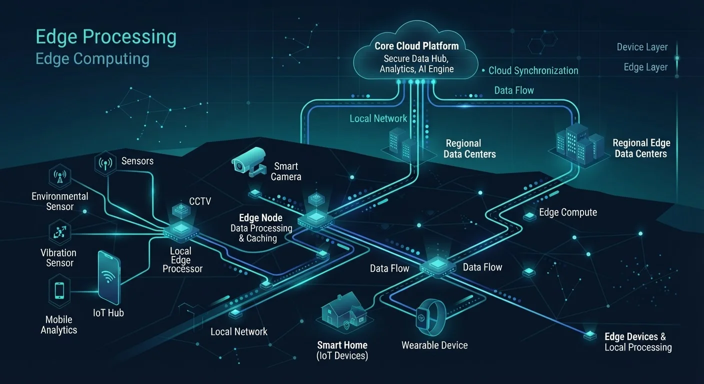 Diagram showing distributed edge computing nodes processing data close to connected devices