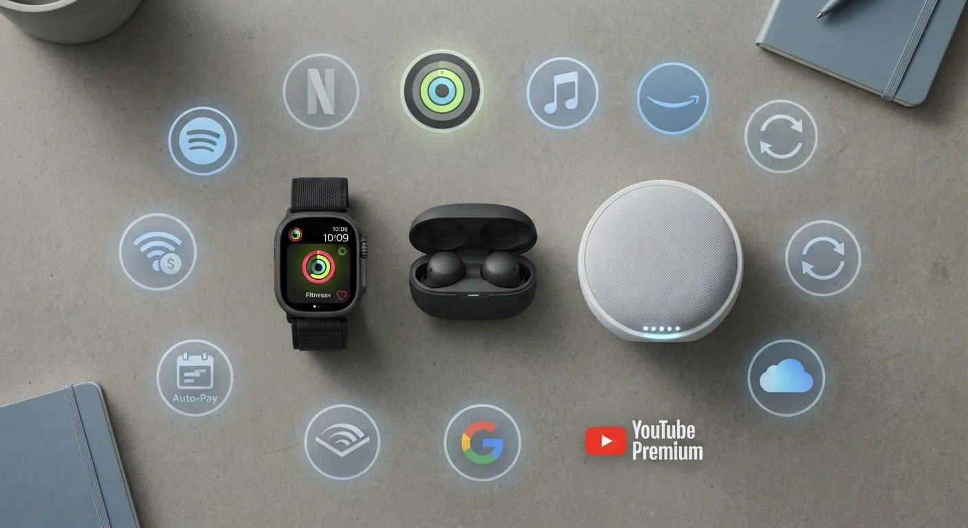 Modern consumer gadgets surrounded by subscription renewal icons on a clean surface