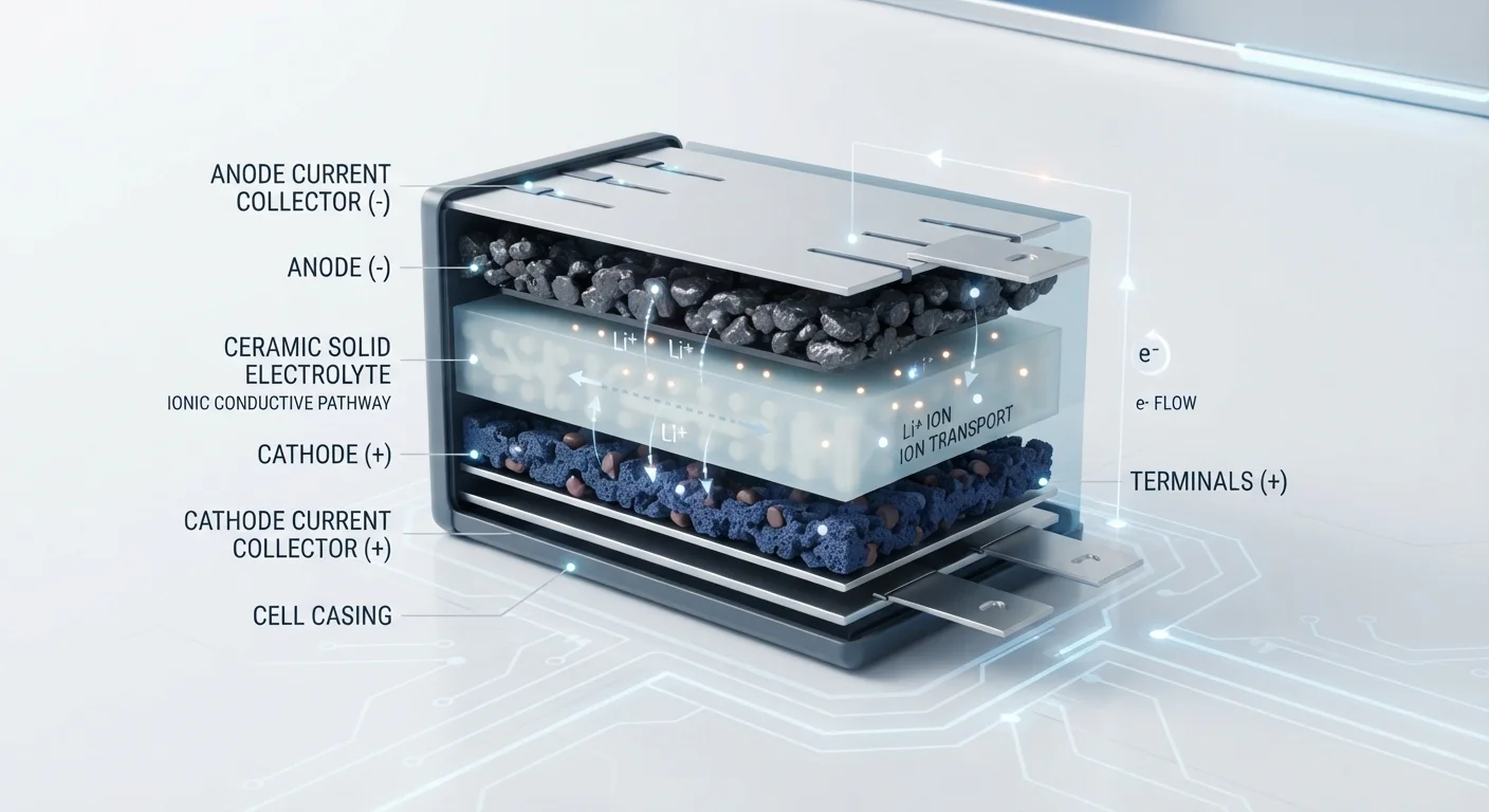 Cross-section illustration of a solid-state battery cell showing layered ceramic and electrode components