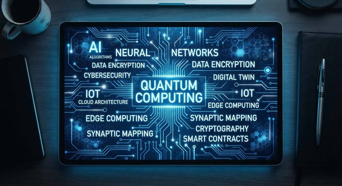 Digital screen displaying abstract technology terms and circuit board patterns in blue tones