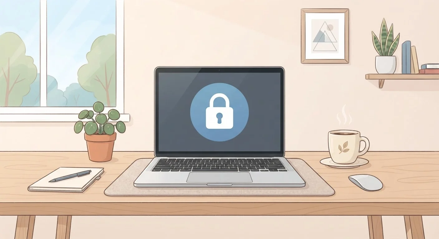 Laptop on a clean desk displaying a digital lock icon, representing password security