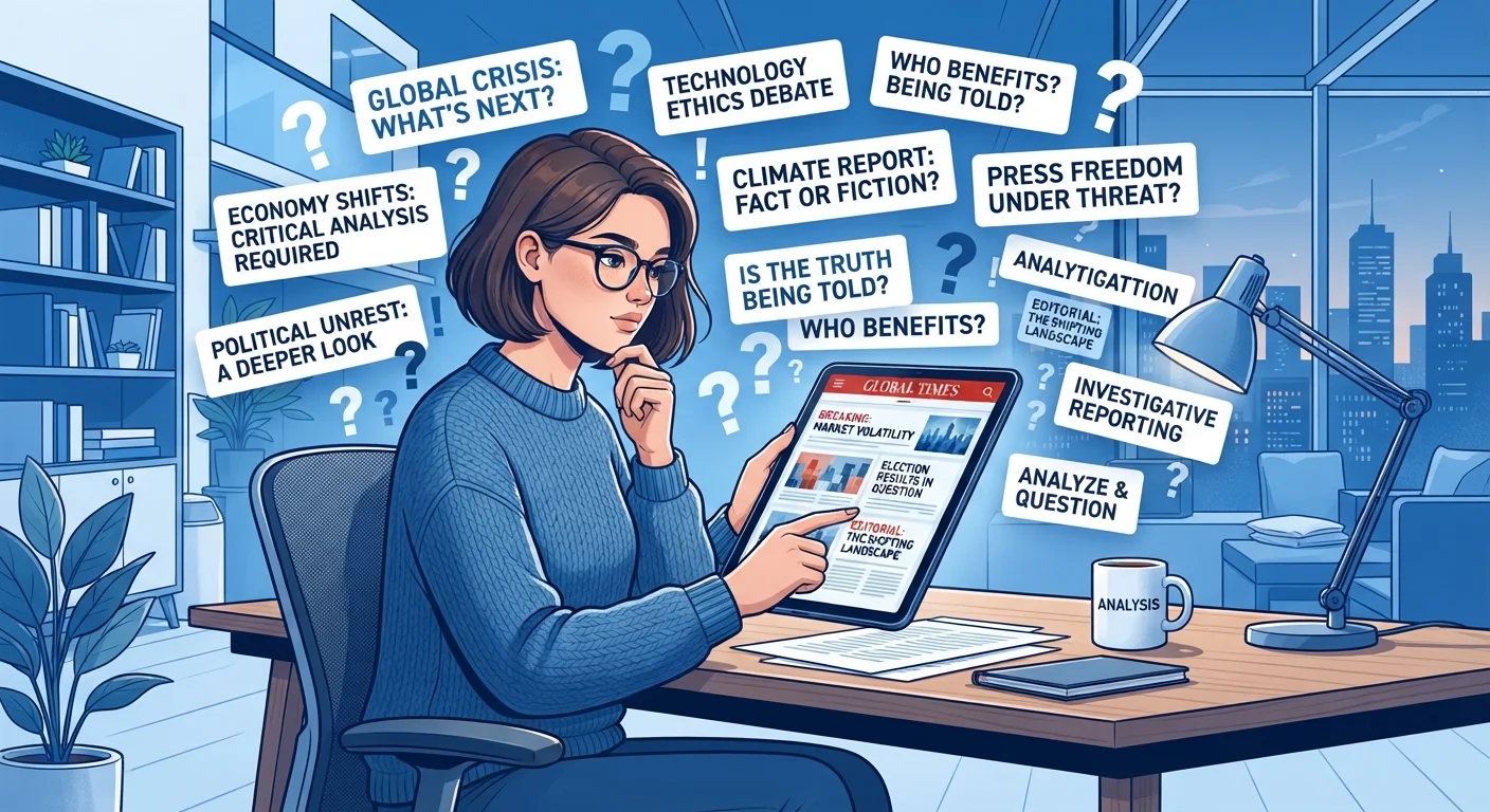 Person reading tech news headlines on a tablet with skeptical, analytical expression