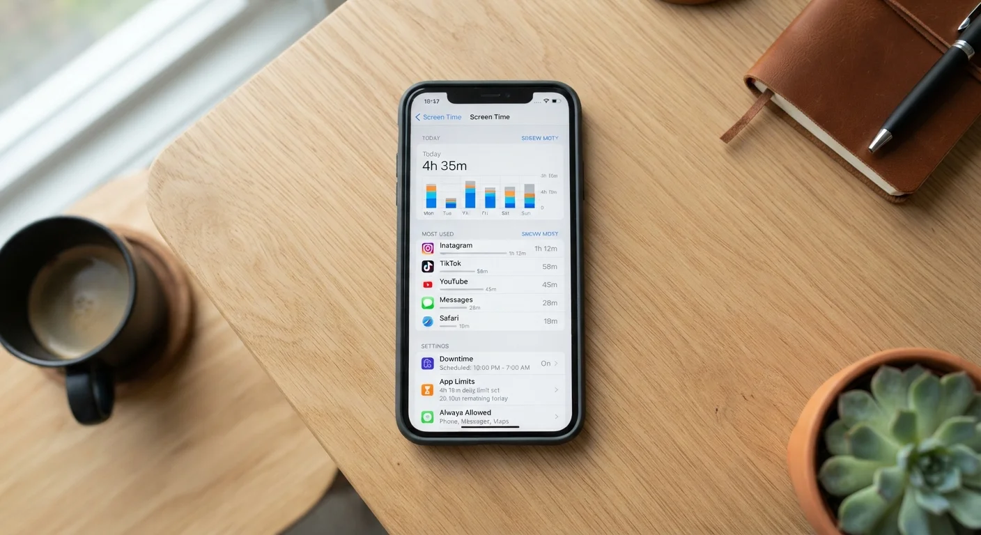 Smartphone showing screen time usage statistics and app limit settings on a clean desk.