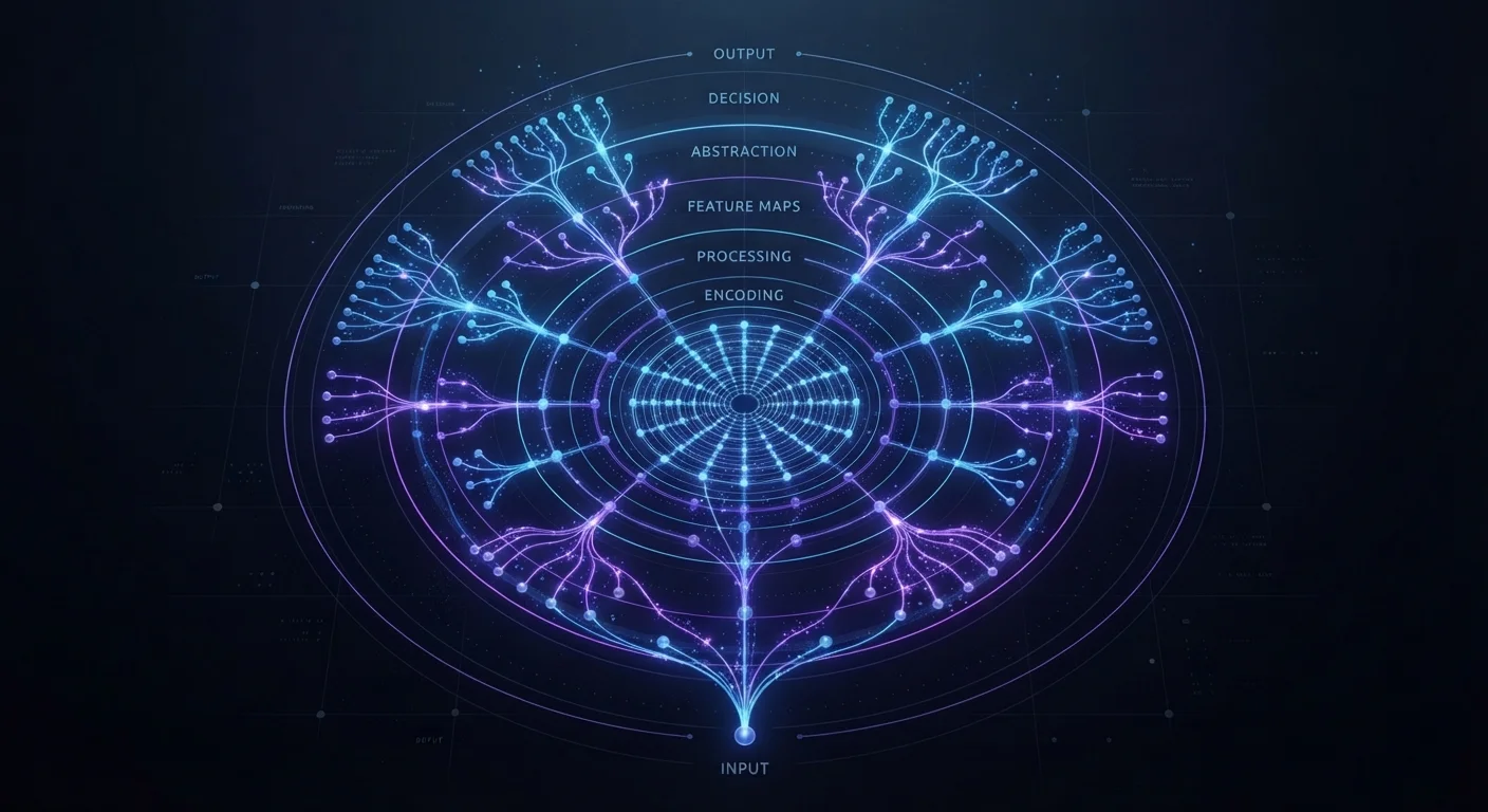 Abstract visualization of layered neural networks representing machine learning and deep learning concepts