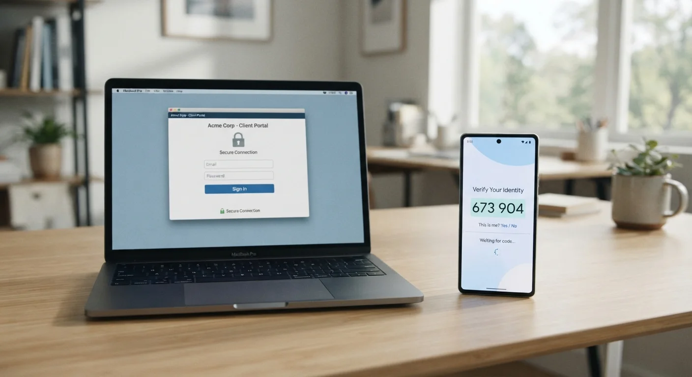 Smartphone showing a two-factor authentication prompt next to a laptop with a login screen