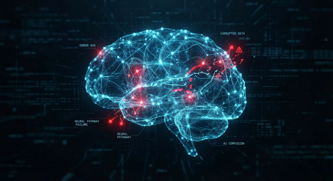 Abstract illustration of an AI neural network with error signals highlighting broken data pathways