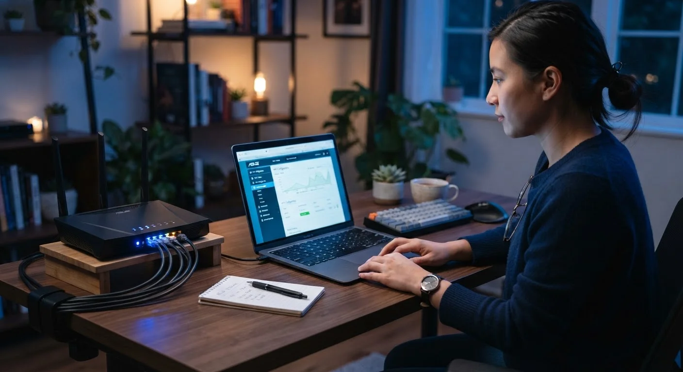 A wireless router with indicator lights on a desk next to a laptop showing network settings