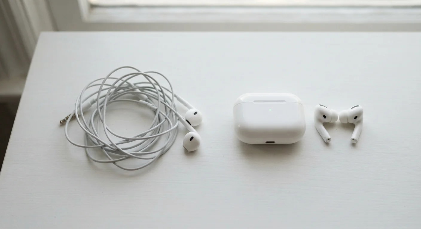 Wired earbuds with cable placed next to wireless earbuds and a small charging case on a white surface