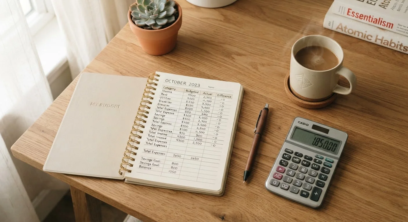 Open budget notebook on a tidy desk with a pen, calculator, and coffee mug.